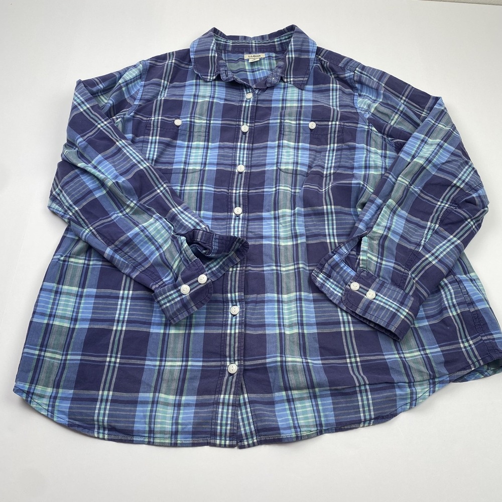 LL Bean Mens Large Blue Plaid Long Sleeve Button Front Cotton Shirt 501578